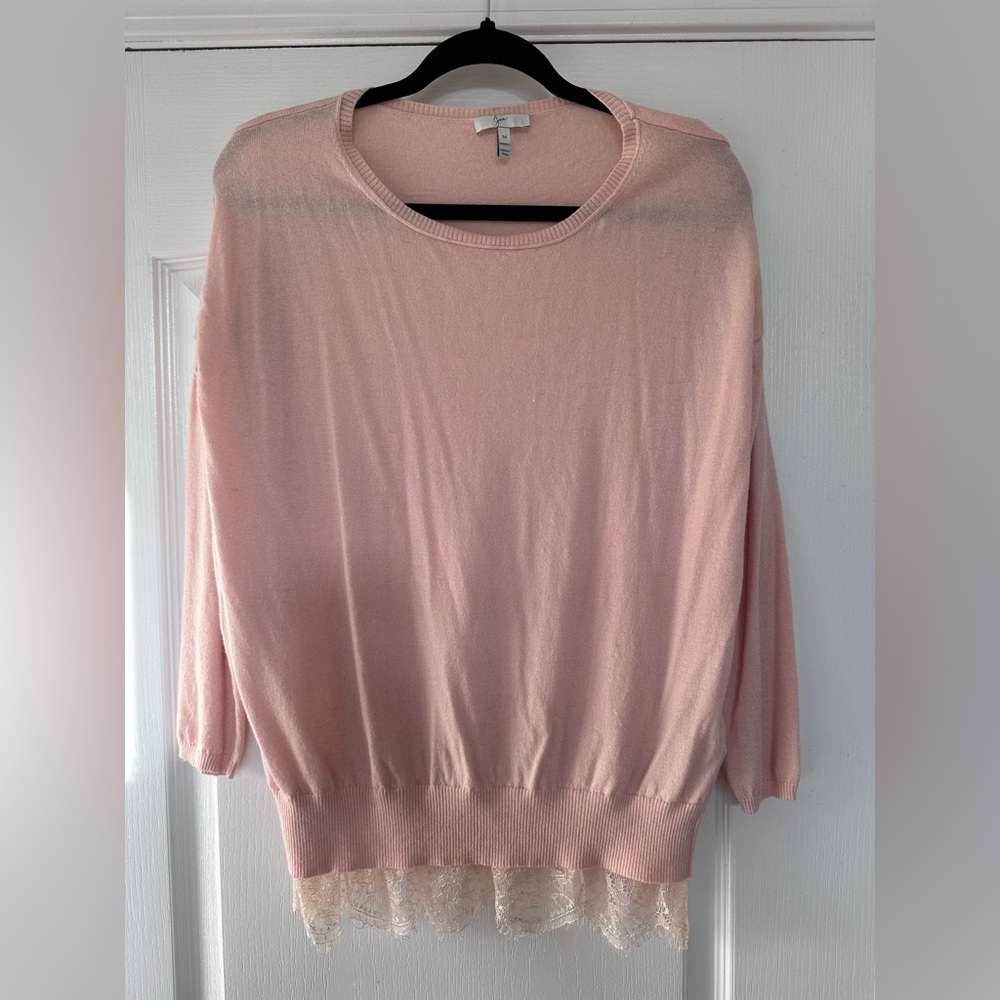 Joie Peach Pink Crew Neck Sweater with Lace Hem